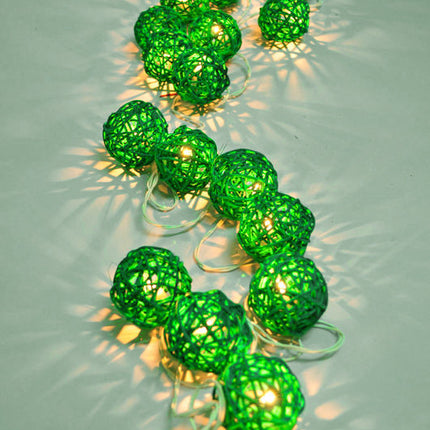 1 Set of Green 5cm Rattan Cane 20 Ball Battery Powered 3m String Lights Christmas Gift Home Wedding Party Bedroom Decoration Table Centrepiece.