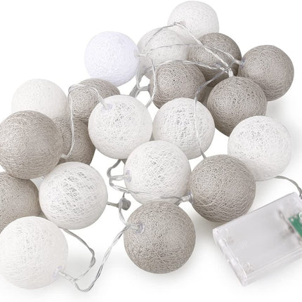 1 Set of 20 LED Grey White 5cm Cotton Ball Battery Powered String Lights Gift Home Wedding Party Bedroom Decoration Outdoor Indoor Table Centrepiece.