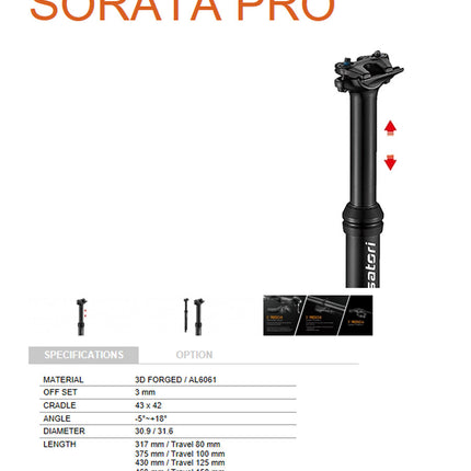 Satori Mountain Bike Height Adjustable Seatpost Internal Cable 30.9 Diameter 150mm Travel.