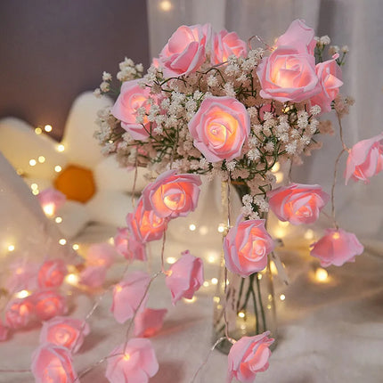 20 Pink Rose 3D Fairy Lights 3M String, Battery (AA) Indoor & Outdoor Decorations Wedding Valentines Romantic Room Table Lighting.