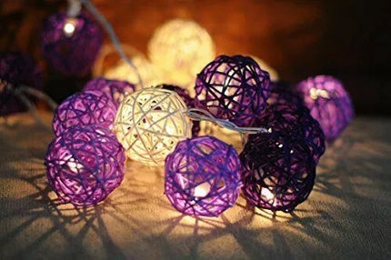 1 Set of Purple n White 5cm Rattan Cane 20 Ball Battery Powered 3m String Lights Christmas Gift Home Wedding Party Bedroom Decoration Table Centrepiece.
