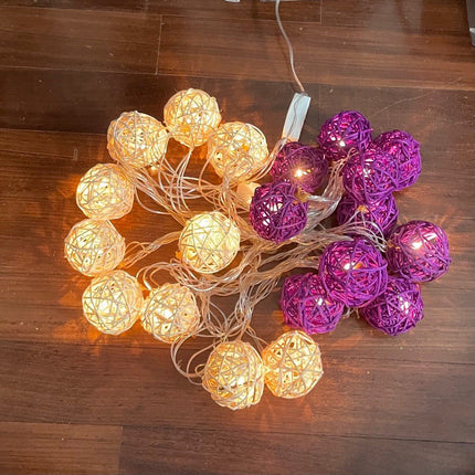 1 Set of Purple n White 5cm Rattan Cane 20 Ball Battery Powered 3m String Lights Christmas Gift Home Wedding Party Bedroom Decoration Table Centrepiece.