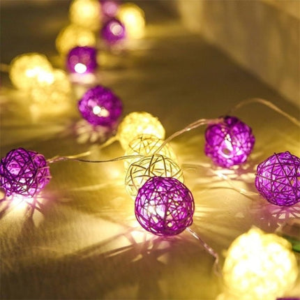 1 Set of Purple n White 5cm Rattan Cane 20 Ball Battery Powered 3m String Lights Christmas Gift Home Wedding Party Bedroom Decoration Table Centrepiece.