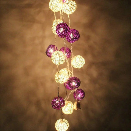 1 Set of Purple n White 5cm Rattan Cane 20 Ball Battery Powered 3m String Lights Christmas Gift Home Wedding Party Bedroom Decoration Table Centrepiece.