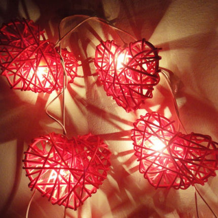 50 Red 3D Hollowed Rattan Heart-Shaped 5M LONG String Fairy Lights, Battery (AA) Indoor & Outdoor Decorations Wedding Valentines Romantic Room Table Lighting.