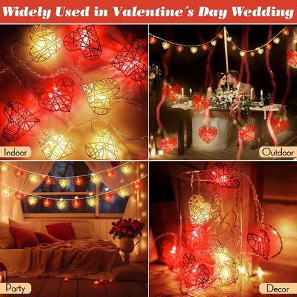 20 Red and White 3D Hollowed Rattan Heart-Shaped 3M String Fairy Lights, Battery (AA) Indoor & Outdoor Decorations Wedding Valentines Romantic Room Table Lighting.