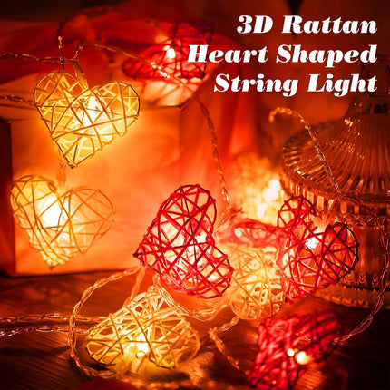 20 Red and White 3D Hollowed Rattan Heart-Shaped 3M String Fairy Lights, Battery (AA) Indoor & Outdoor Decorations Wedding Valentines Romantic Room Table Lighting.