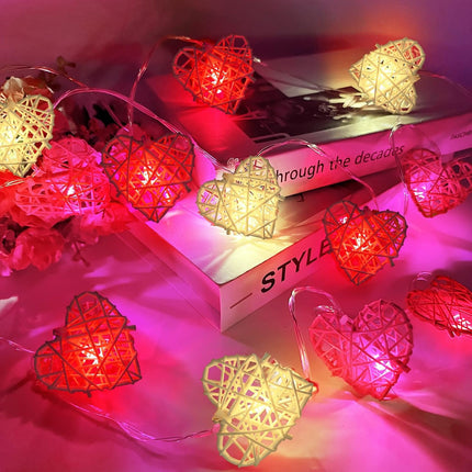 20 Red and White 3D Hollowed Rattan Heart-Shaped 3M String Fairy Lights, Battery (AA) Indoor & Outdoor Decorations Wedding Valentines Romantic Room Table Lighting.