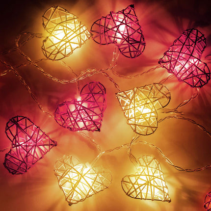 20 Red and White 3D Hollowed Rattan Heart-Shaped 3M String Fairy Lights, Battery (AA) Indoor & Outdoor Decorations Wedding Valentines Romantic Room Table Lighting.