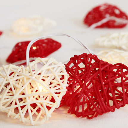 20 Red and White 3D Hollowed Rattan Heart-Shaped 3M String Fairy Lights, Battery (AA) Indoor & Outdoor Decorations Wedding Valentines Romantic Room Table Lighting.