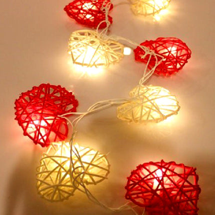 20 Red and White 3D Hollowed Rattan Heart-Shaped 3M String Fairy Lights, Battery (AA) Indoor & Outdoor Decorations Wedding Valentines Romantic Room Table Lighting.