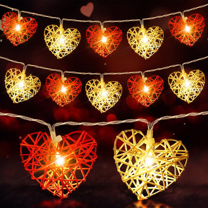50 Red and White 3D Hollowed Rattan Heart-Shaped 5M LONG String Fairy Lights, Battery (AA) Indoor & Outdoor Decorations Wedding Valentines Romantic Room Table Lighting.