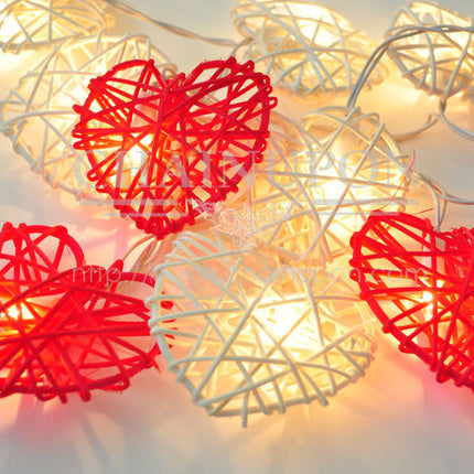 50 Red and White 3D Hollowed Rattan Heart-Shaped 5M LONG String Fairy Lights, Battery (AA) Indoor & Outdoor Decorations Wedding Valentines Romantic Room Table Lighting.
