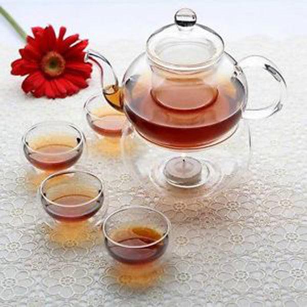 1 Set of Gongfu Chinese Ceremony Tea Set - 6 Glass cups with Infuser and Tealight Candle Pot Warmer.