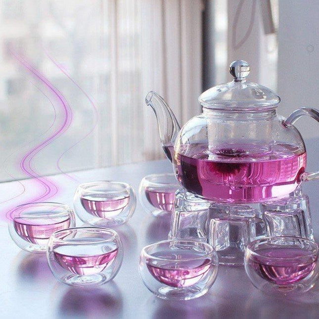1 Set of Gongfu Chinese Ceremony Tea Set - 6 Glass cups with Infuser and Tealight Candle Pot Warmer.