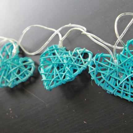50 Turquoise Blue 3D Hollowed Rattan Heart-Shaped 5M LONG String Fairy Lights, Battery (AA) Indoor & Outdoor Decorations Birthday Kids Celebration PartyRoom Table Lighting.