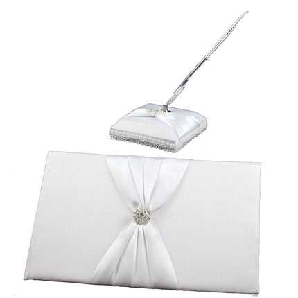 White Wedding Guest Book Register with Silver Pen Matching Stand Set 36 Lined Pages - White Sach Diamante Cover.