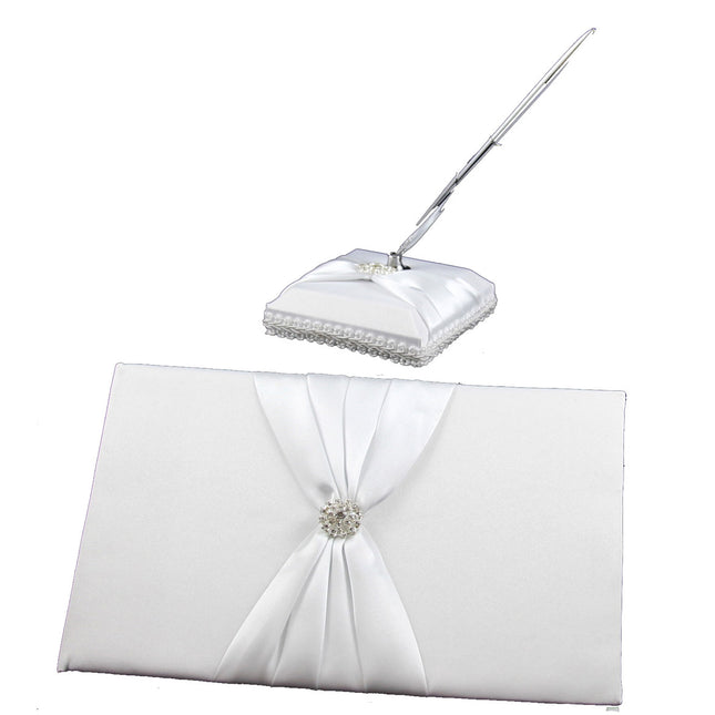 White Wedding Guest Book Register with Silver Pen Matching Stand Set 36 Lined Pages - White Sach Diamante Cover.