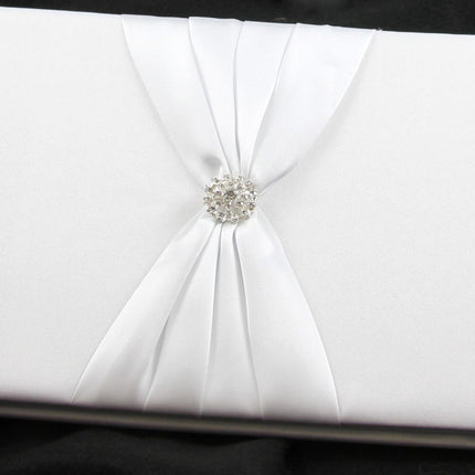 White Wedding Guest Book Register with Silver Pen Matching Stand Set 36 Lined Pages - White Sach Diamante Cover.