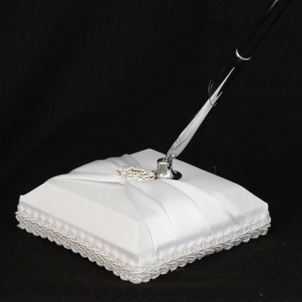 White Wedding Guest Book Register with Silver Pen Matching Stand Set 36 Lined Pages - White Sach Diamante Cover.