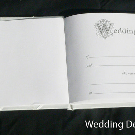 White Wedding Guest Book Register with Silver Pen Matching Stand Set 36 Lined Pages - White Sach Diamante Cover.