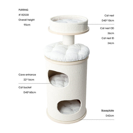 HONEYPOTCAT PURRING Multi-Level Sisal Barrel Cat Tower  - 95cm.