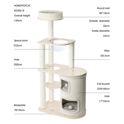 HONEYPOTCAT Fun Oasis Wood Cat Tree & Activity Barrel - 135cm.