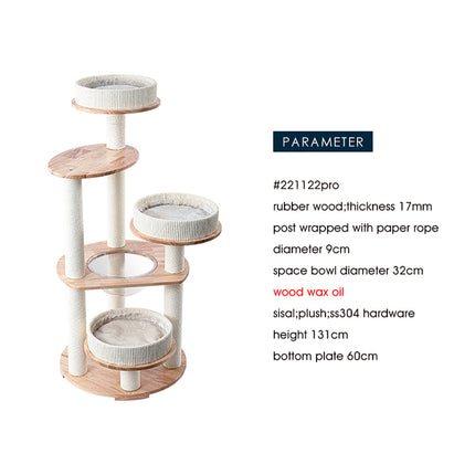 HONEYPOTCAT MZ Simple Joy Wood Cat Tower - Triple Charm 131cm.