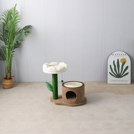 CATIO Log Cat House With White Camelia Cat Scratching Tree.