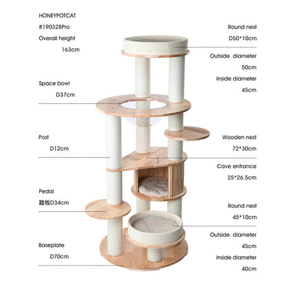HONEYPOTCAT MZ Varnished Solid Wood Cat Tower With Capsule - 163cm.