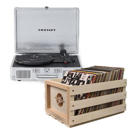 Crosley Cruiser Bluetooth Portable Turntable - Silver + Bundled Crosley Record Storage Crate.
