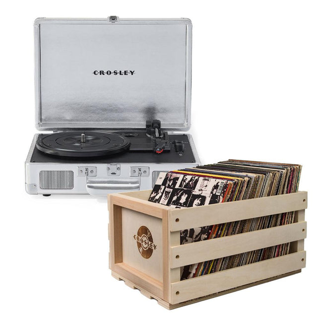 Crosley Cruiser Bluetooth Portable Turntable - Silver + Bundled Crosley Record Storage Crate.