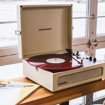 Crosley Voyager Bluetooth Portable Turntable - Dune + Bundled Crosley Record Storage Display Stand.