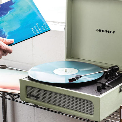Crosley Voyager Bluetooth Portable Turntable - Sage + Gadhouse Vinyl Rack Bundle - Black.