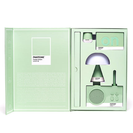 Lexon GIFT Set PANTONE - Includes Mino+ Mini Speaker, Flip Classic Clock, Mina M Lamp, Thykho 3  Speaker - Green.