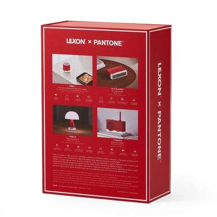 Lexon GIFT Set PANTONE - Includes Mino+ Mini Speaker, Flip Classic Clock, Mina M Lamp, Thykho 3  Speaker - 2035 Red.
