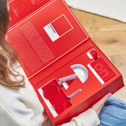 Lexon GIFT Set PANTONE - Includes Mino+ Mini Speaker, Flip Classic Clock, Mina M Lamp, Thykho 3  Speaker - 2035 Red.