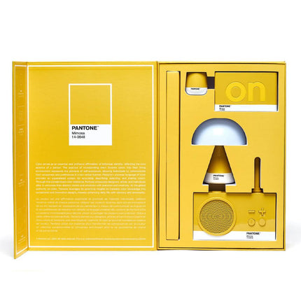 Lexon GIFT Set PANTONE - Includes Mino+ Mini Speaker, Flip Classic Clock, Mina M Lamp, Thykho 3  Speaker - Yellow.
