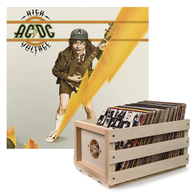 Crosley Record Storage Crate AC/DC High Voltage Vinyl Album Bundle.