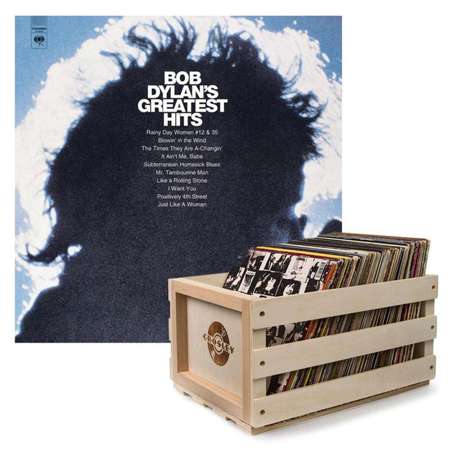 Crosley Record Storage Crate & Bob Dylan Greatest Hits Vinyl Album Bundle.