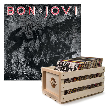 Crosley Record Storage Crate & Bon Jovi Slippery When Wet - Vinyl Album Bundle.