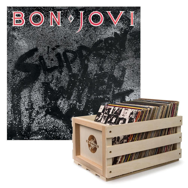 Crosley Record Storage Crate & Bon Jovi Slippery When Wet - Vinyl Album Bundle.