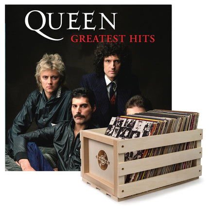 Crosley Record Storage Crate & Queen Greatest Hits - Double Vinyl Album Bundle.