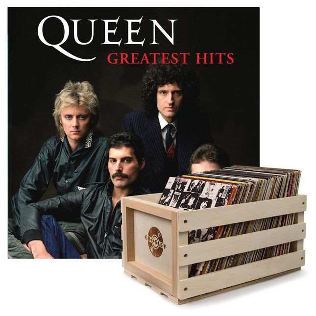 Crosley Record Storage Crate & Queen Greatest Hits - Double Vinyl Album Bundle.