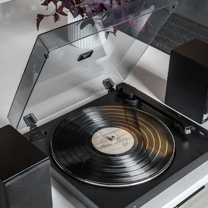 Victrola Automatic Turntable + Victrola Tempo Bookshelf Speakers Bundle - Black.