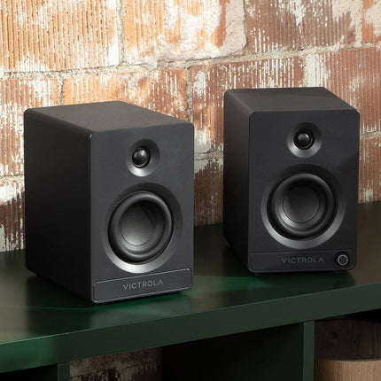 Victrola Automatic Turntable + Victrola Tempo Bookshelf Speakers Bundle - Black.