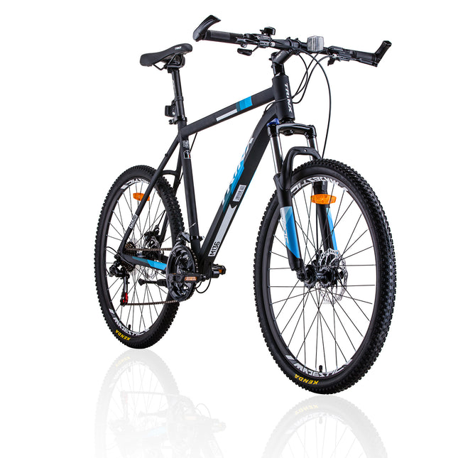 Trinx MTB Mens Mountain Bike 26 inch Shimano Gear 21-Speed [Colour: Matt Black White/Blue] [Size Of Frame: 21 inches].