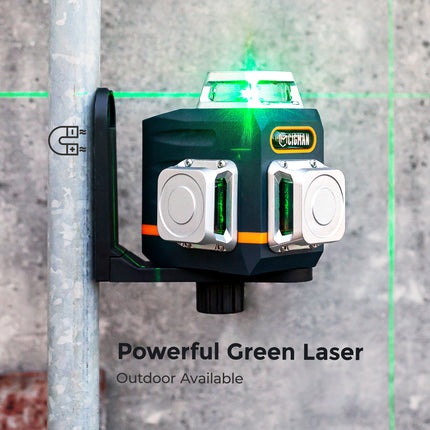 CIGMAN Laser Level Self Leveling 3x360° 3D Green Cross Line for Construction and Picture Hanging, Rechargeable battery, Remote Controller, Magnetic Rotating Stand Included.