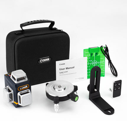 CIGMAN Laser Level Self Leveling 3x360° 3D Green Cross Line for Construction and Picture Hanging, Rechargeable battery, Remote Controller, Magnetic Rotating Stand Included.
