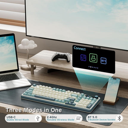 RK ROYAL KLUDGE S98 Mechanical Keyboard w/Smart Display & Knob, Top Mount 96% Wireless Mechanical Keyboard BT/2.4G/USB-C, Hot Swappable, Pale Green Switch 98 Keys.
